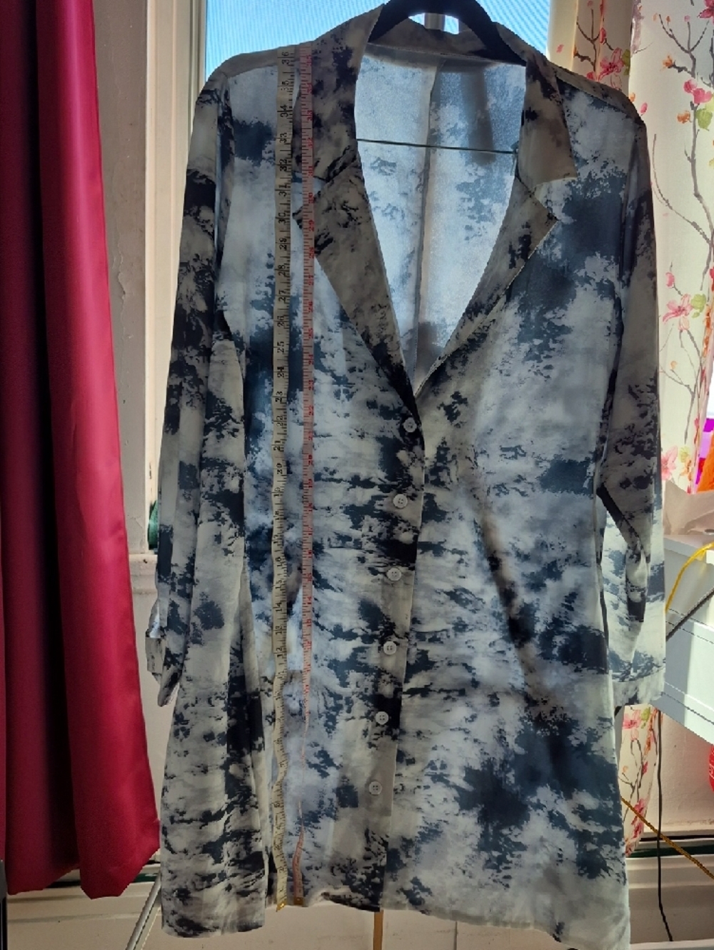 2XL Women's Tie-Dye Lightweight Long Blazer Jacket - Blue/Gray/White - Picture 8 of 12